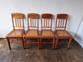 4x Jugendstil Stühle Holzgestell & Rattan Geflecht antik