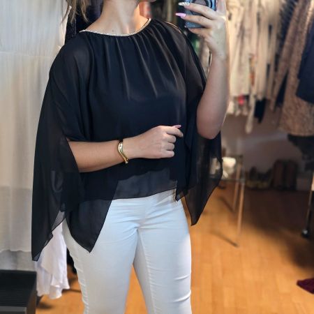 Elegante Cape Bluse Schwarz Strass Chiffon Gr. M Festlich
