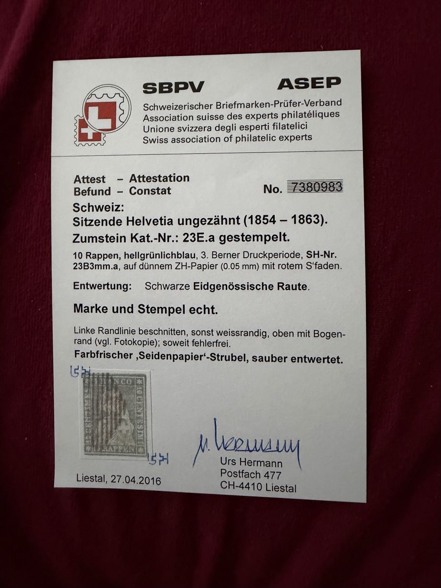 Tutti i francobolli: Strubel Zumsteinnummer 23Ea mit Befund – Usato da Murgenthal venduto da Tina_4055 2