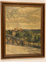 Landschaftsgemälde nicht signiert mit Brücke, Gebäude, Hügel