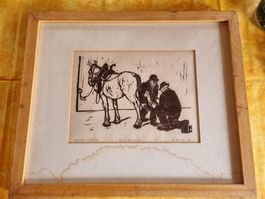 Original Holzschnitt Grafik, "Beim Schmied", gerahmt.
