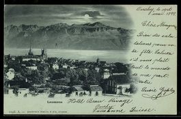 Mondschein-AK Lausanne, Hôtel Beau-Rivage, vue sur le lac
