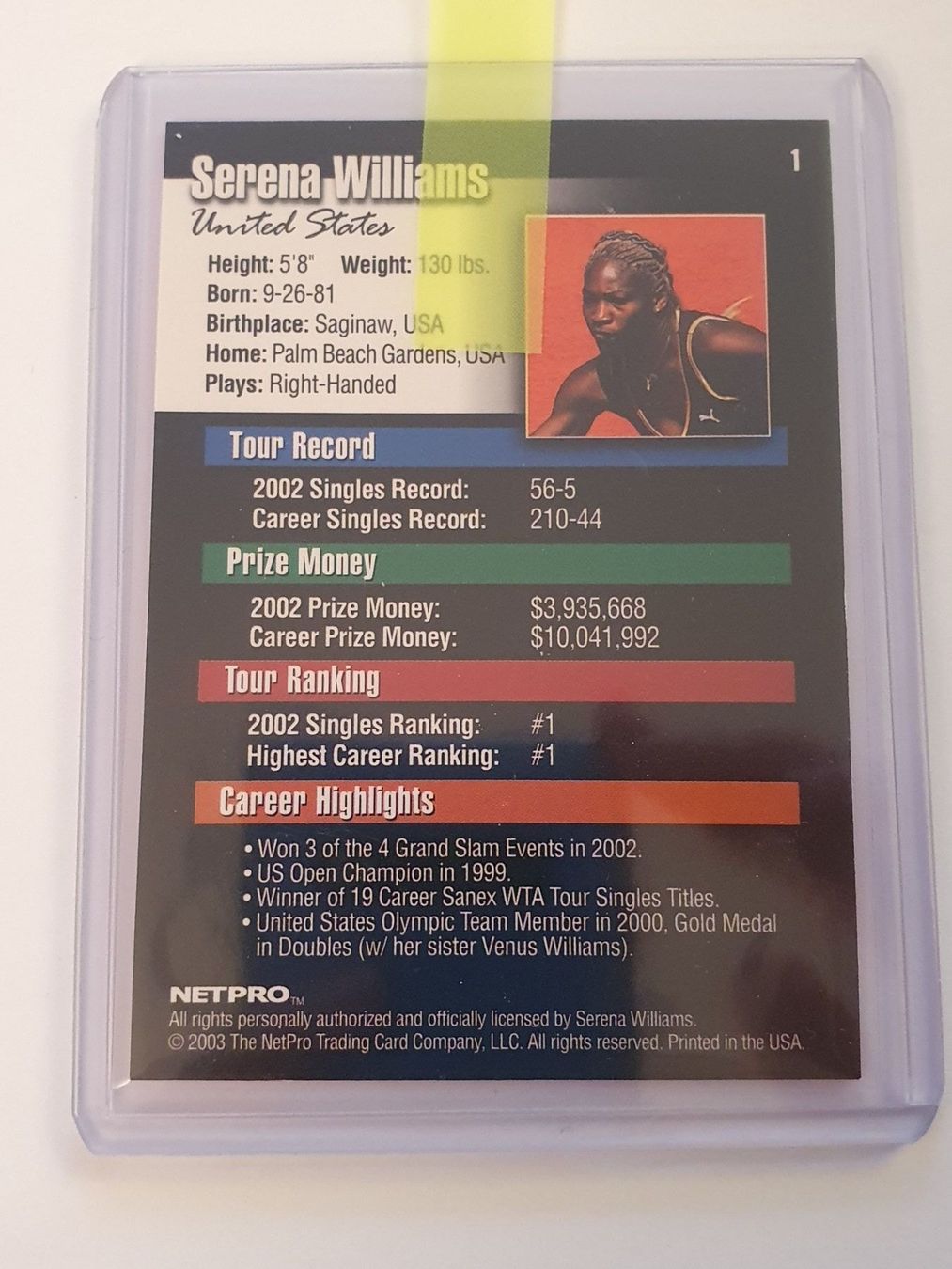 Sammelbilder & Trading cards: Serena Williams Rookie Card 2003 Netpro – Gebraucht aus Oberdorf BL von BaldenEagle 1