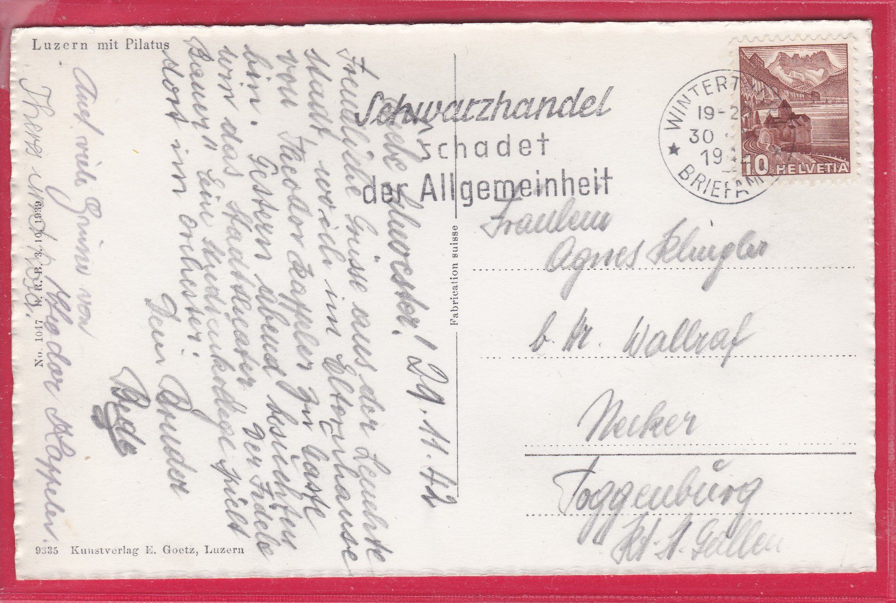 Cartoline postali: LUZERN MIT PILATUS, 30.11.1942 – Usato da Oberrieden venduto da Gebirgsstelze 1