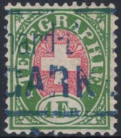 1 Fr. Telegraphen Marke mit ABART + Gotthard-Bahn Stempel