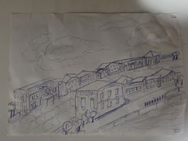 Original Ink Sketch: Architectural Landscape Drawing Art