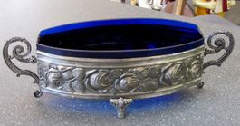 Antike Jugendstil Jardiniere mit kobaltblauem Glaseinsatz