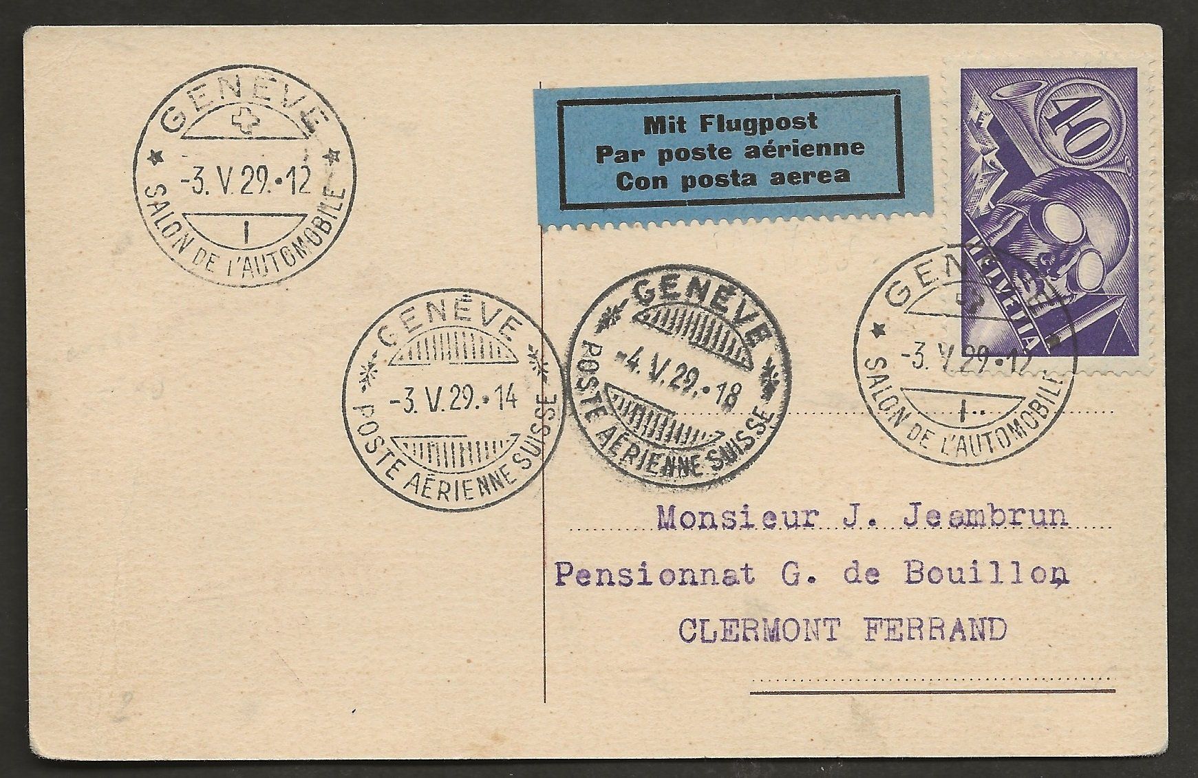 Tutti i francobolli: Flugpost Schweiz 1929 Genf Clermont Ferrand Luftpost Erstflu – Usato da Au ZH venduto da xelagreb01