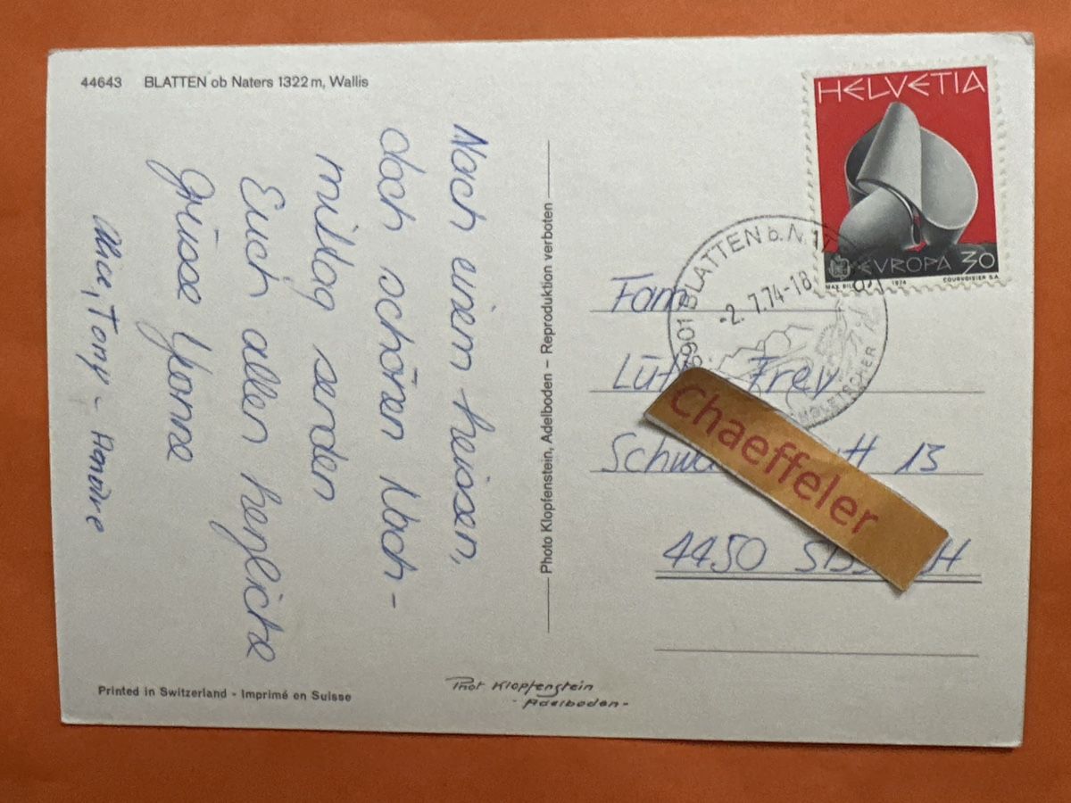 Ansichtskarten: 1974 Blatten ob Naters, Wallis, Kirche – Gebraucht aus Zürich von Chaeffeler 1