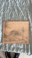 Dessin au crayon paysage chalet et arbres ancien