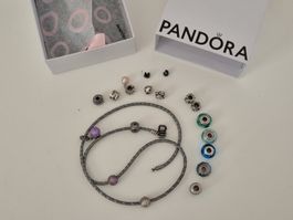 Pandora Konvolut Lederkette mit vielen Charms! Super! Murano