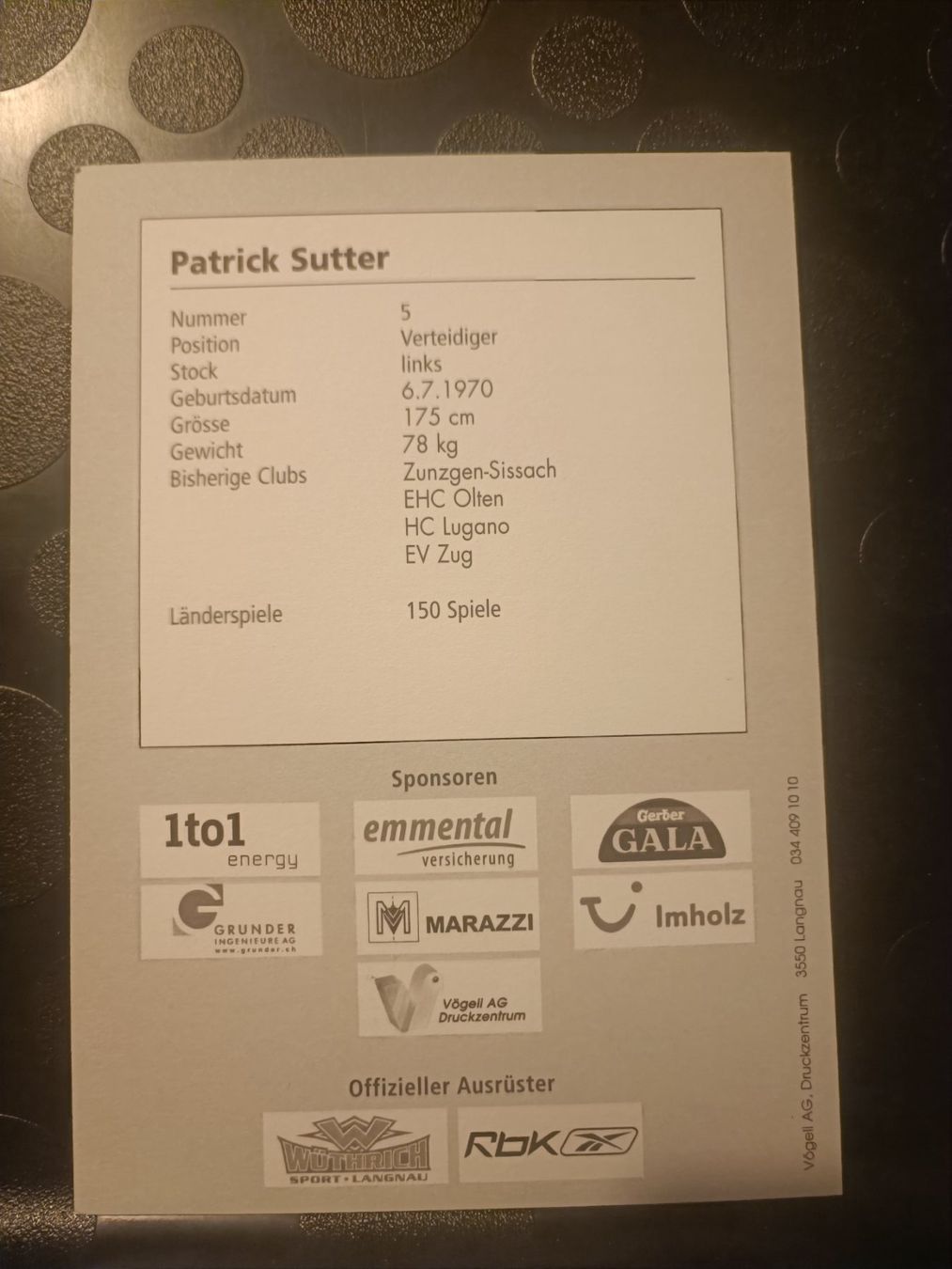 Autografi: Patrick Sutter - SCL Tigers - Handsigniert alte Karte – Usato da Menziken venduto da Artographs 1