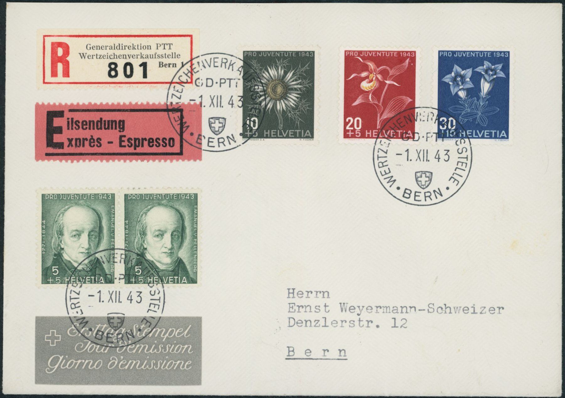 Tutti i francobolli: 1943 - Pro Juventute - Ersttagsbrief FDC ET - Gaudard – Usato da Schindellegi venduto da leecollect