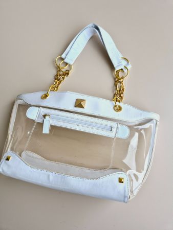 VINTAGE TASCHE LEDER WEISS GOLD SHOPPER TRANSPARENT TOP BAG