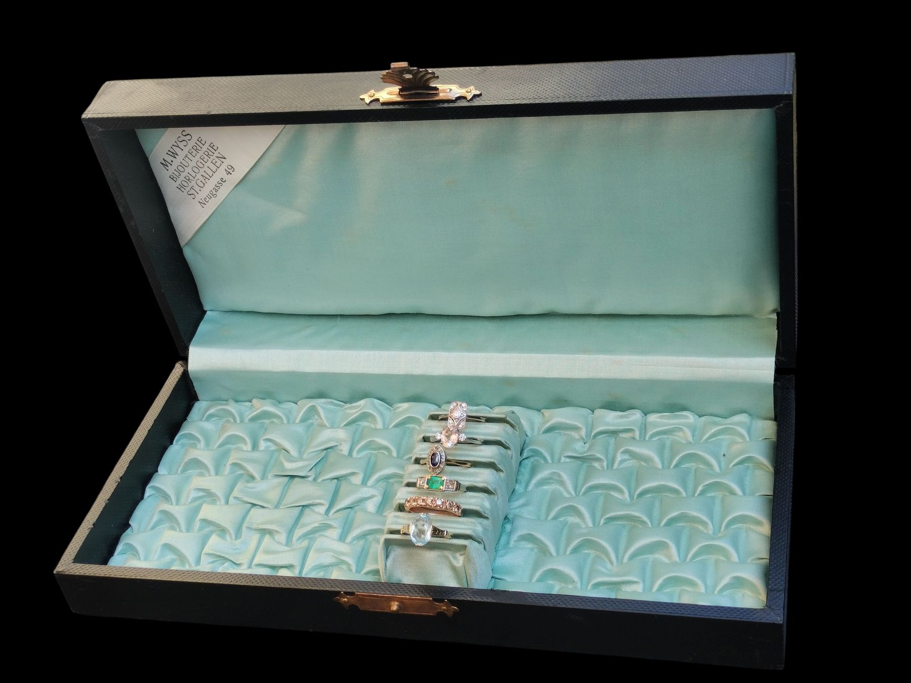 Portagioie: Antike Ringbox Schmuckbox Koffer Schwarz mit Türkis Seide – Usato da schwyz venduto da larry91sz 1