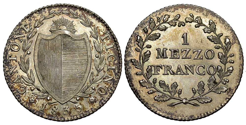 Toutes les monnaies: Tessin 1/2 Franco 1835 – D'occasion à Chiasso par Novamarketing