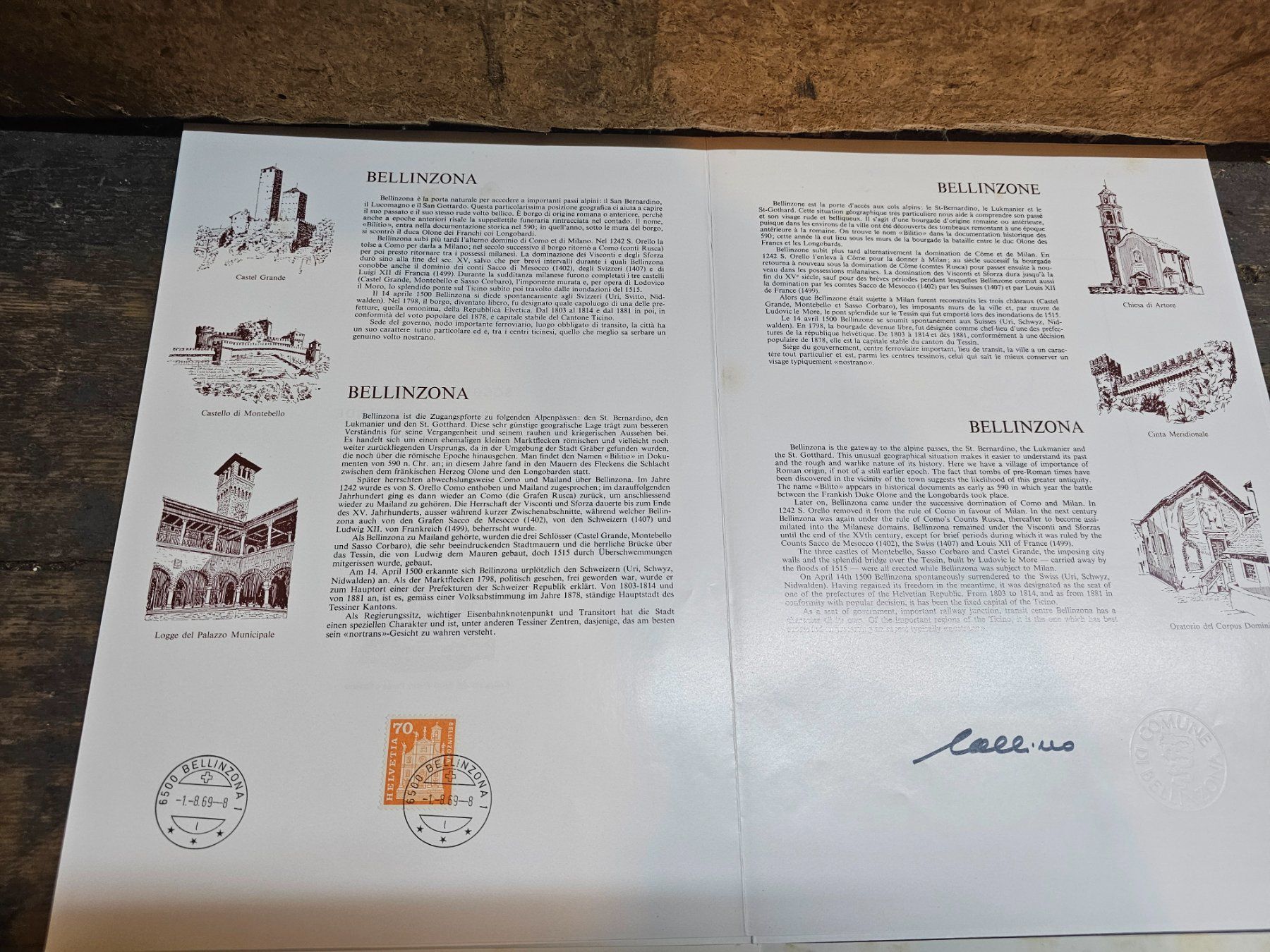 Tutti i francobolli: CH 1969 Chur/Bellinzona/Murten - Documenti storici – Usato da Monte Carasso venduto da giave 1
