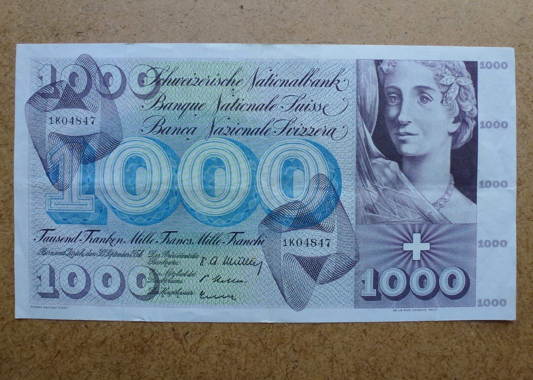 Banconote: ++ 1000.- Franken 30. September 1954 – Usato da Walkringen venduto da Casablanca777