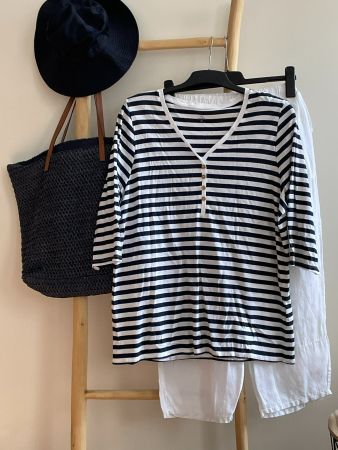 🌞😎🌞 T-shirt manches 3/4 coton rayé bleu blanc L-XL, Neuf