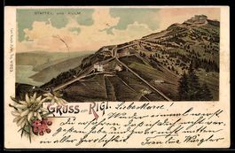 Lithographie Gruss vom Rigi, Staffel und Kulm, Ansicht von o