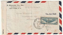 Zensurierter Luftpostbrief von New-York nach Walzenhausen