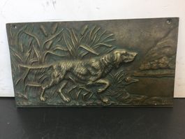 Vintage Bronzeplatte Jagdhund Wanddeko für Jäger