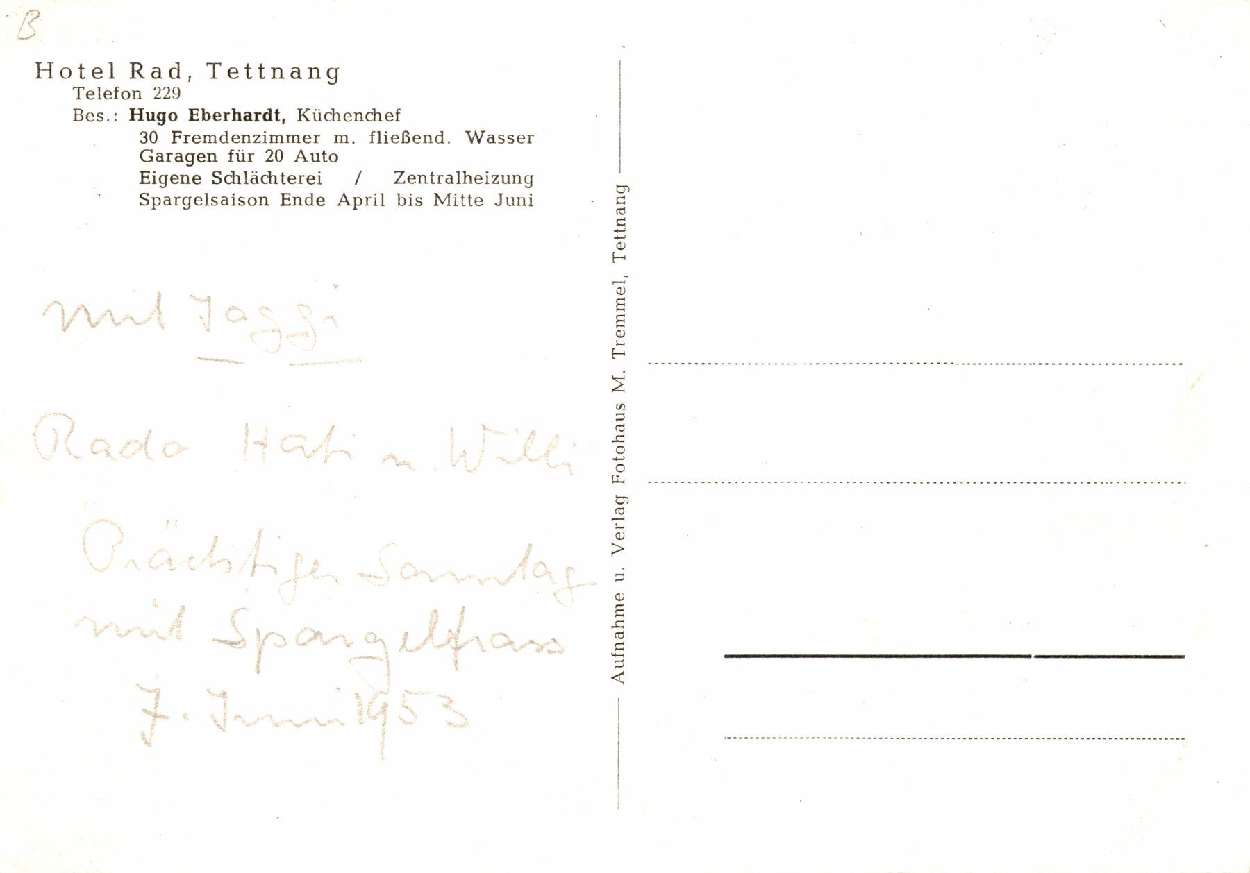 Cartoline postali: Hotel Rad, Tettnang – Usato da Bronschhofen venduto da Astore 1