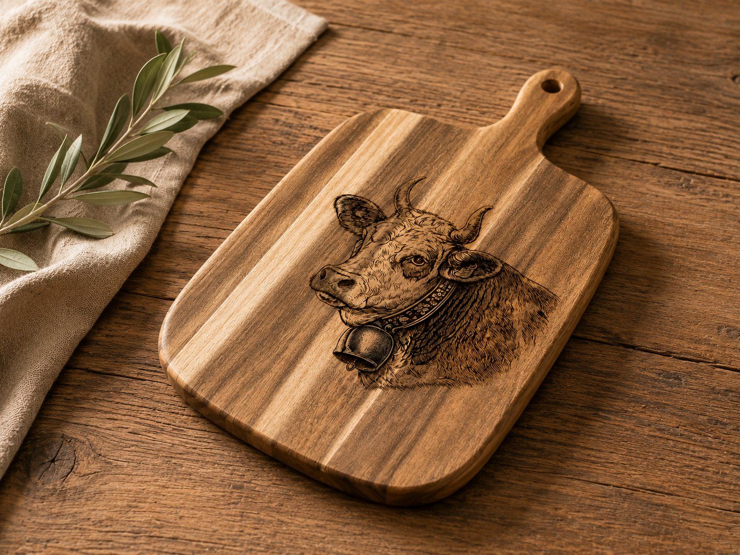 Articoli in legno: Rustikales Schneidebrett mit Simmentalerkuh-Gravur – Nuovo e nell'imballaggio originale da Eggiwil venduto da WQ_Emmental