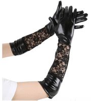 NEUE Handschuhe im Wetlook mit Spitze uni schwarz - 221934