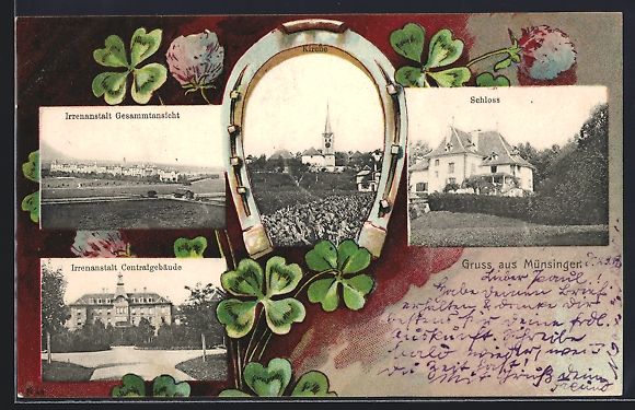 Cartoline postali: Münsingen, Schloss, Blick auf die Irren – Usato da Berlin venduto da bartko-reher