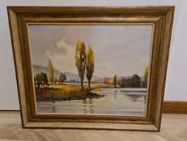 Ölgemälde auf Holz Flusslandschaft mit Pappeln R.Michel