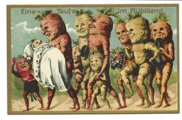 Eine Taufe im Rüebliland (AG) vermenschlichte Rüebli - Litho