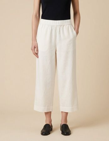 Tahari Pantalon 100% Lin Écru Large Taille Élastique T. L
