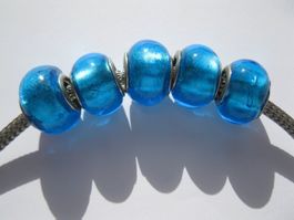 3 Grosslochperlen, Glas Beads mit Folie, blau