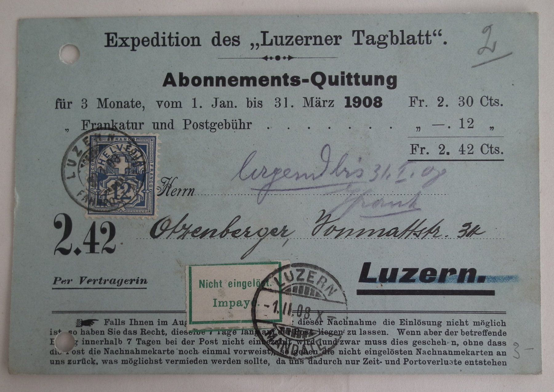 Tutti i francobolli: 1908 Luzern Abo Quittung Luzerner Tagblatt – Usato da Kriens venduto da WULLU99