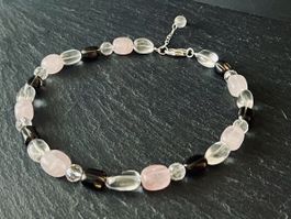 Rose Quartz, Smoky Quartz & Rock Crystal Necklace - Silver