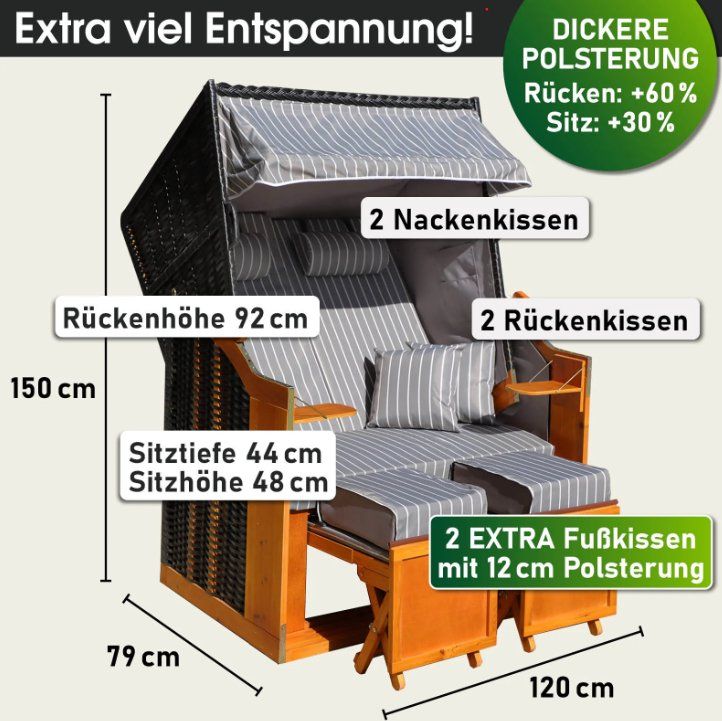 Liegen & Liegestühle: PREMIUM Strandkorb - GESTREIFT Anthrazit/GRAU/WEISS – Neu und originalverpackt aus Wallenwil von toesstal-vertrieb 2
