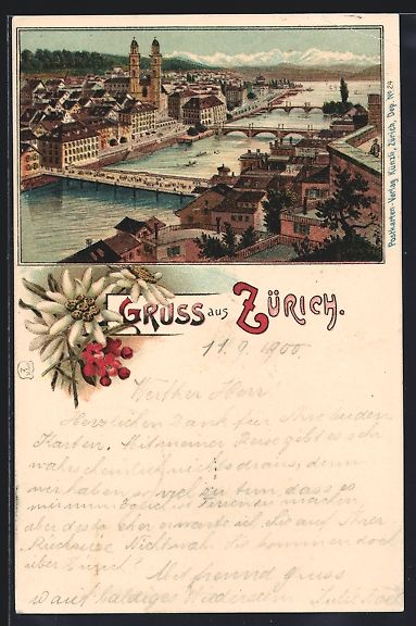 Ansichtskarten: Litho Zürich, Totalansicht mit Limmat – Gebraucht aus Berlin von bartko-reher