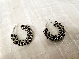 Elegante Creolen Ohrringe Schwarz/Silber Handmade