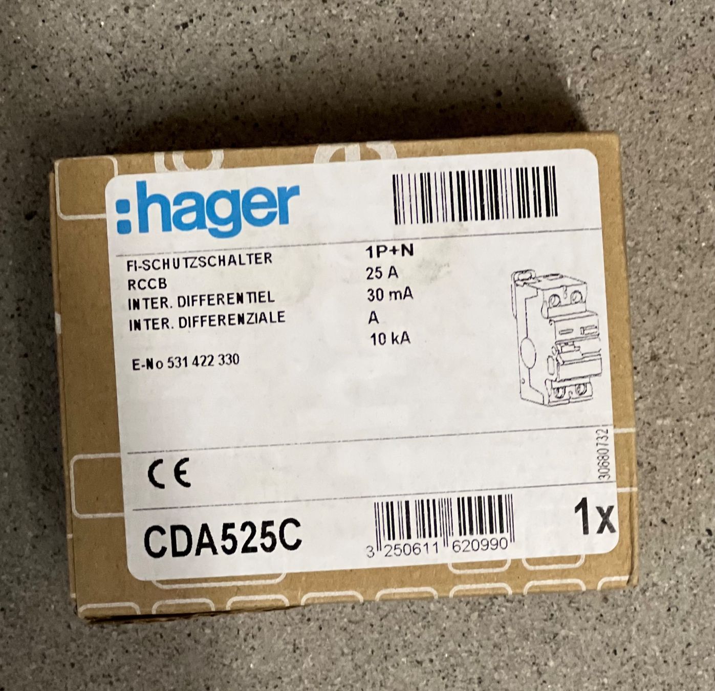 Hager Schalter: CDA525C FI Schalter Hager 1P+N 25A 30mA Typ A – Neu und originalverpackt aus Romanshorn von DonRicardoo