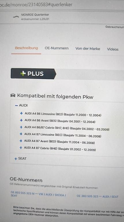 Tutti pezzi di ricambio auto: Bras de suspension Audi a4 B6/B7 / Seat Exeo – Usato da Champagne venduto da Leomilo19 2
