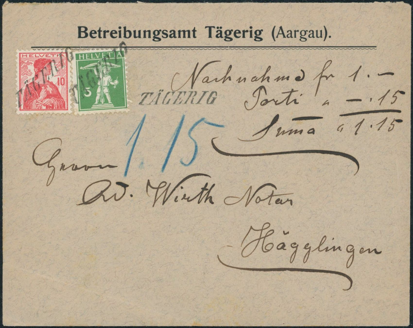 Alle Briefmarken: AG Tägerig - Stabstempel - Brief - BFr – Gebraucht aus Schindellegi von leecollect