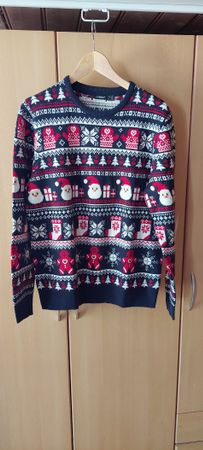 Weihnachtspullover ugly christmas blau rot Grösse M 