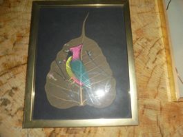 Bild Vogel auf Blatt gerahmt Handarbeit Unikat Deko Frühling