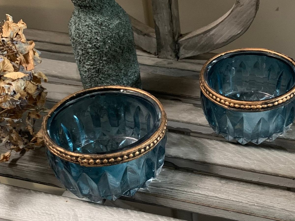 Portacandele: zauberhafte Windlichter / Teelichtgläsli, blau-gold – Nuovo (secondo la descrizione) da St. Gallen venduto da Miousch 2