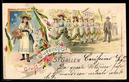 Lithographie St. Gallen, Gruss vom Jugendfest, Mädchen mit B