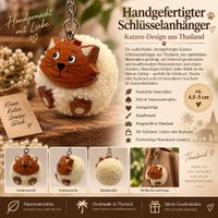 Handgefertigter Katzen-Schlüsselanhänger aus Thailand – Holz