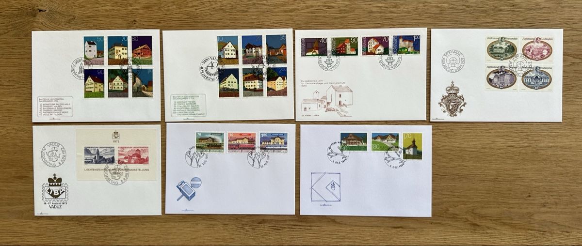 Alle Briefmarken: Liechtenstein - 7x  BAUTEN FDC‘s – Gebraucht aus Schmitten / FR von Samsara169