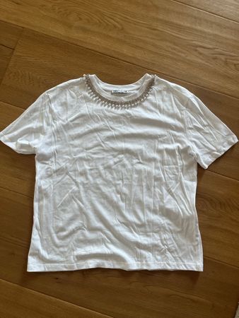 Zara T-Shirt mit Perlen und Strass, Weiss, Grösse S