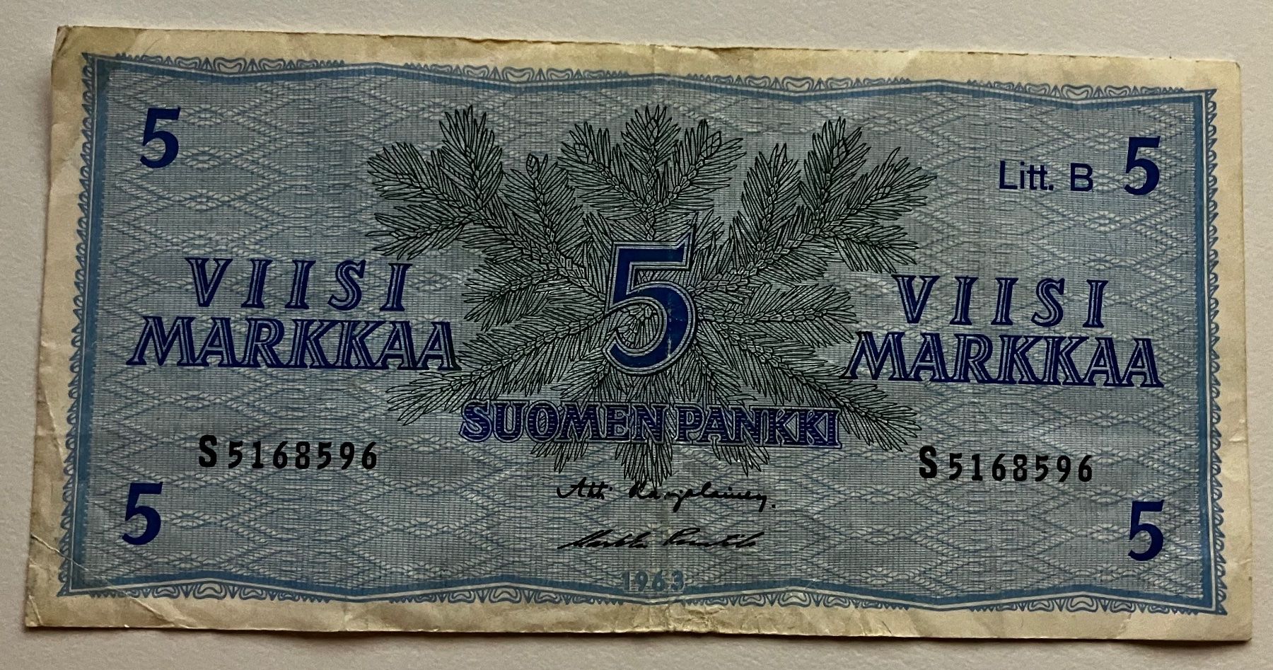 Banknoten: Finnland 5 Markkaa 1963 – Gebraucht aus Algetshausen von Carrhard